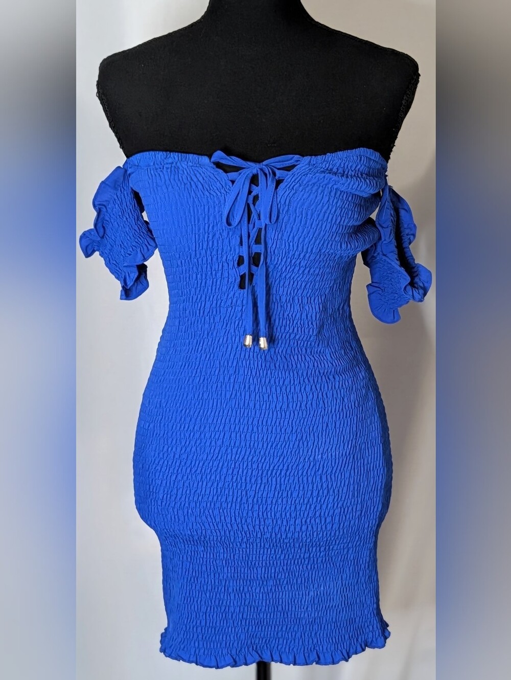 Royal Blue Bodycon Mini Dress Smocked Lace Up Off Shoulder Size S